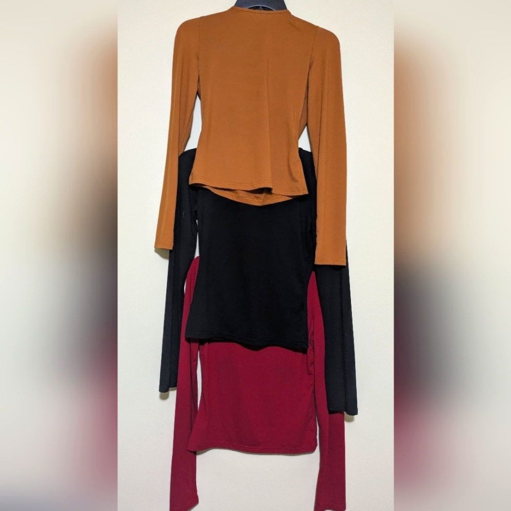 Set Of 3 Long Sleeve Tops Tight Fitted Crop Basic Tee